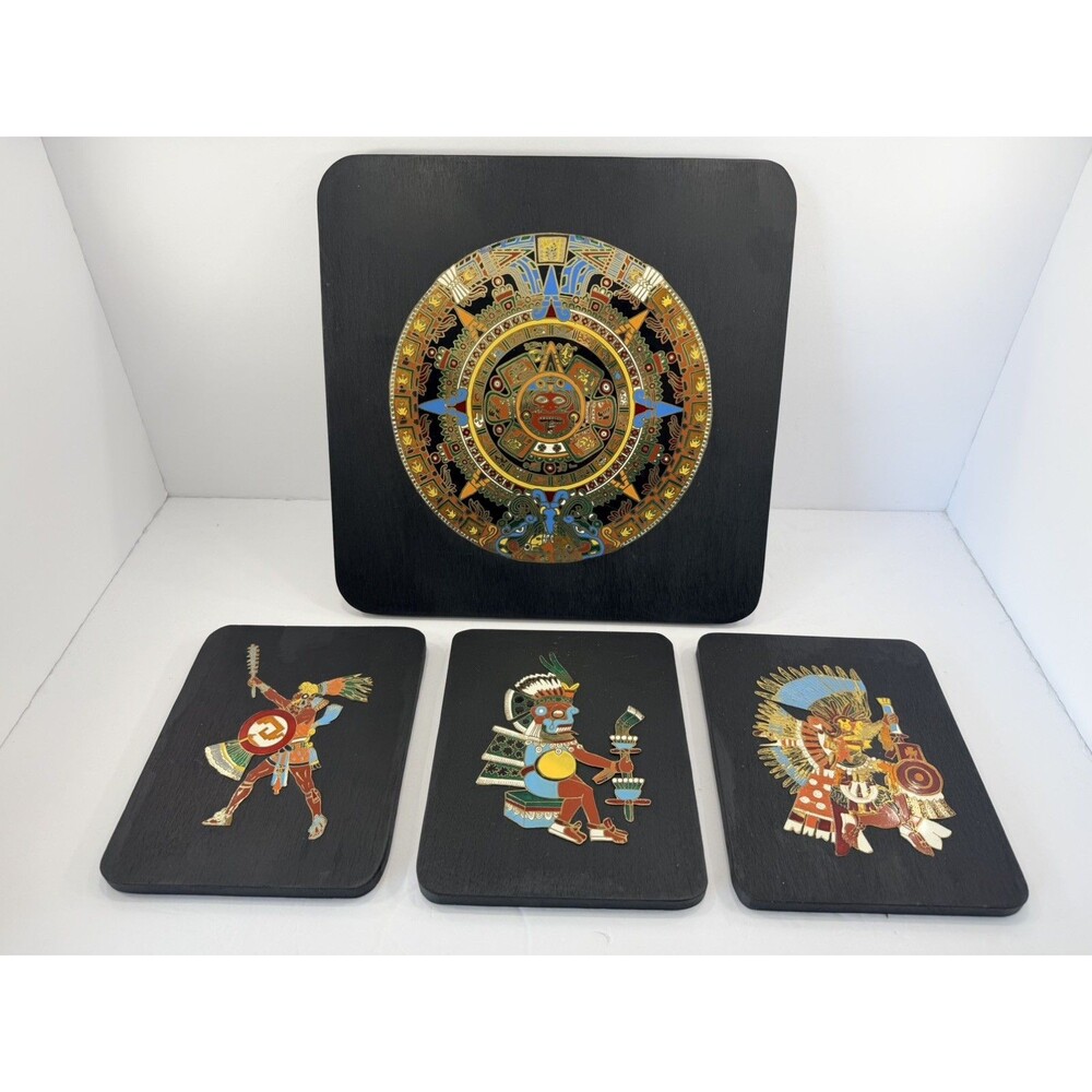 VTG MCM Mexican Folk Art Brass Enamel Aztec Calendar Sun Stone Wall Plaque 4pc